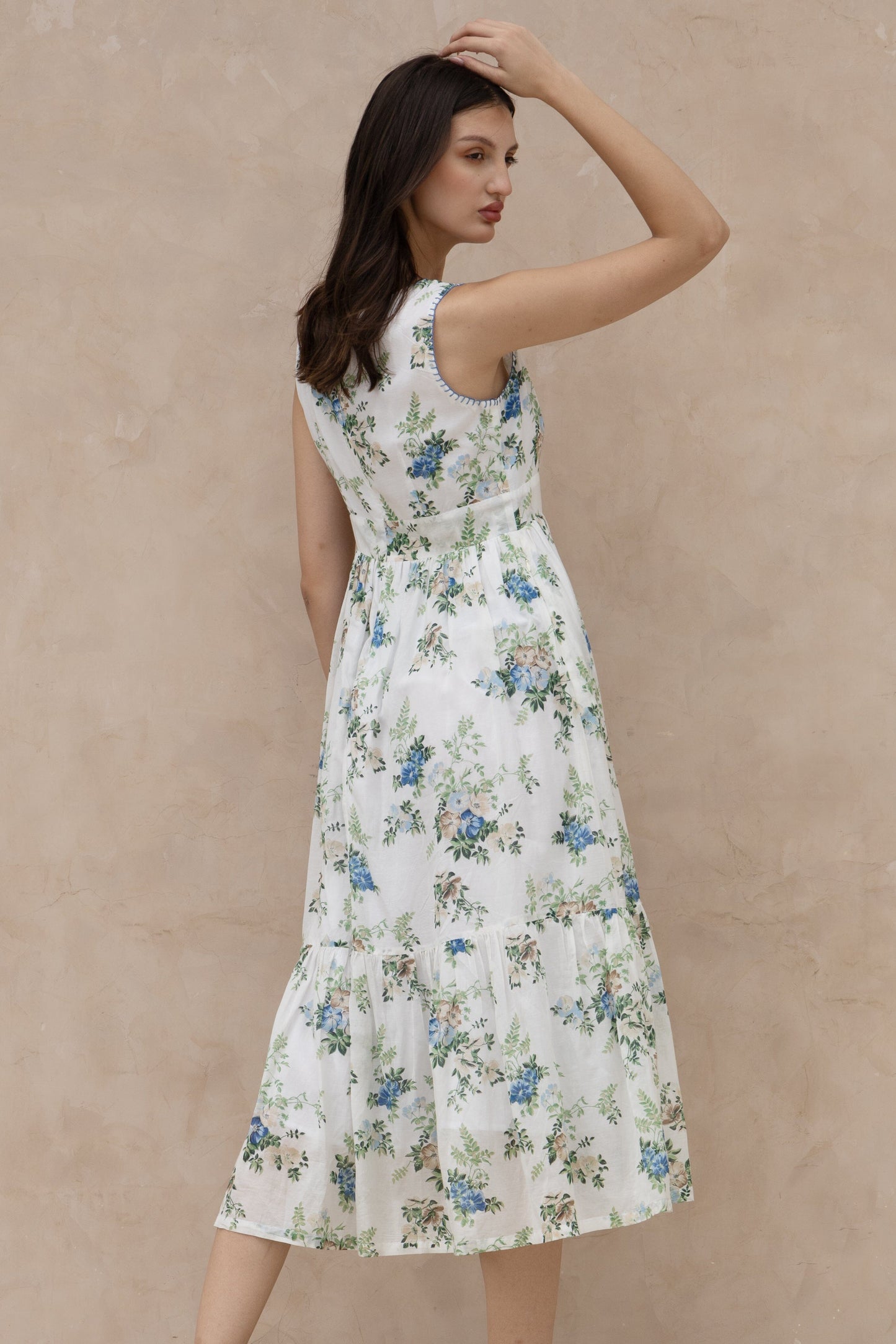 The Kantha Affair Graceful V-neck Mulmul Dress| Maxi |Blue Dress AFFAIRMUSE