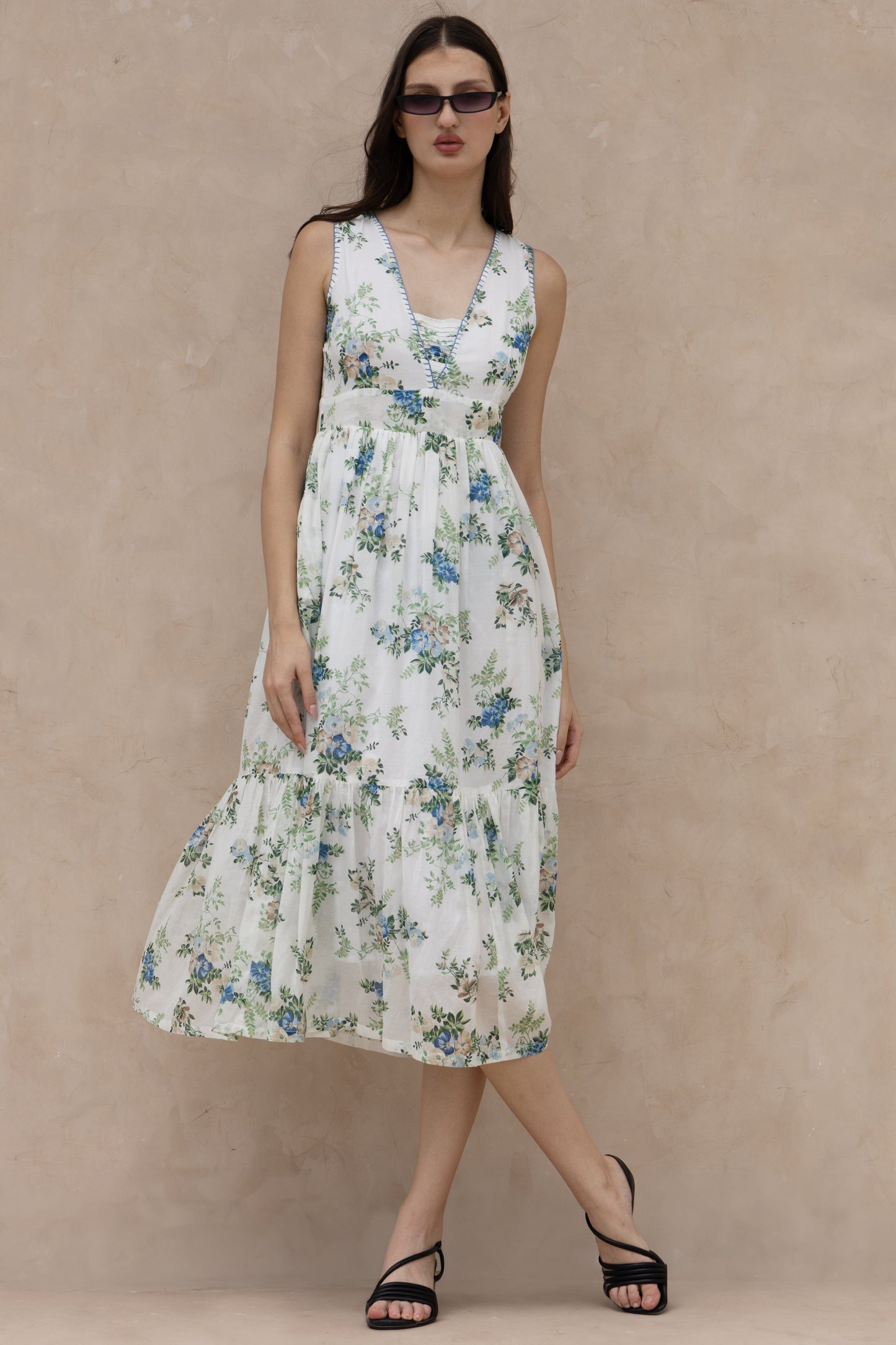 The Kantha Affair Graceful V-neck Mulmul Dress| Maxi |Blue Dress AFFAIRMUSE