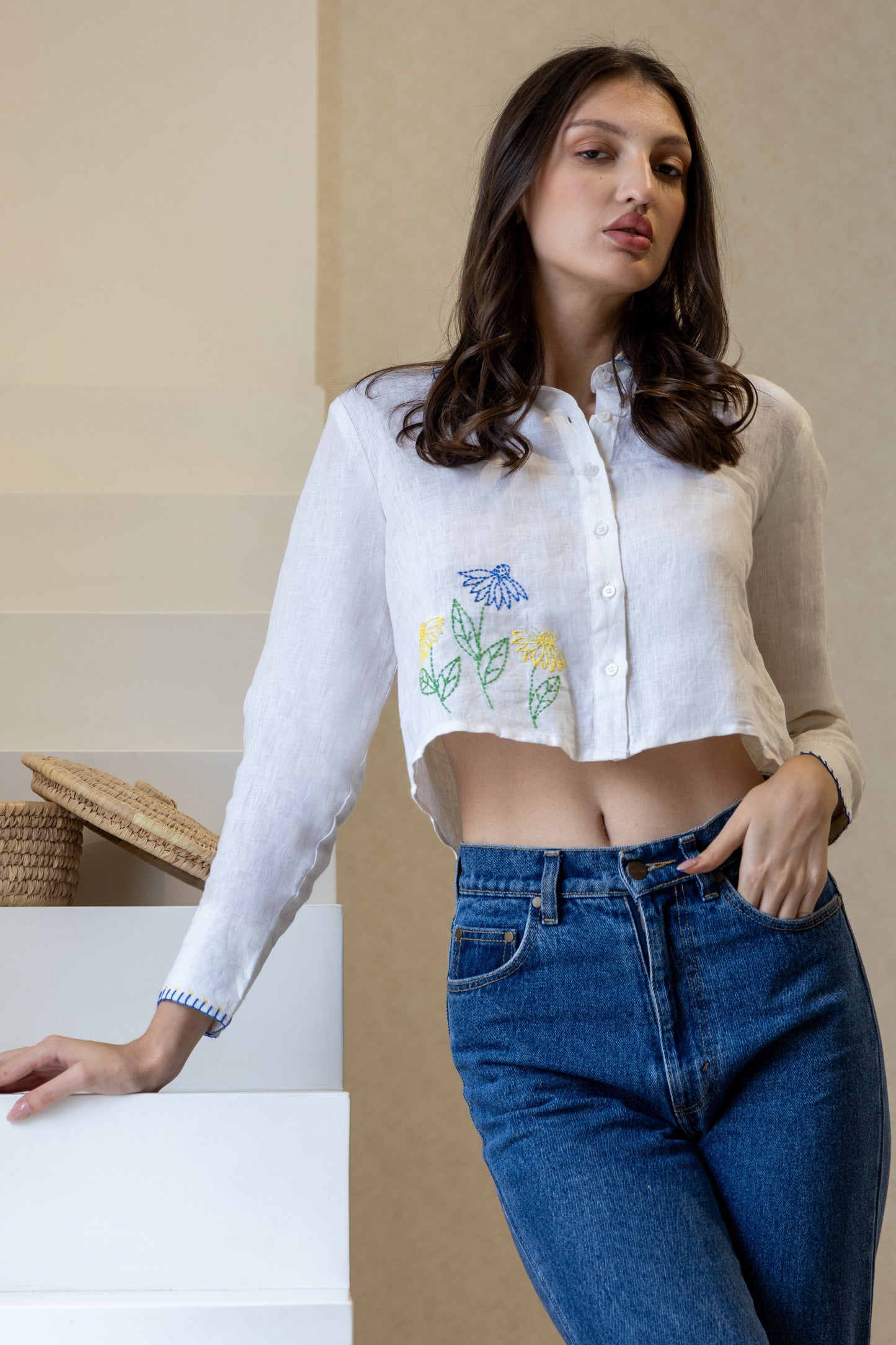 The Kantha Affair Cropped linen Shirt| White Shirt AFFAIRMUSE