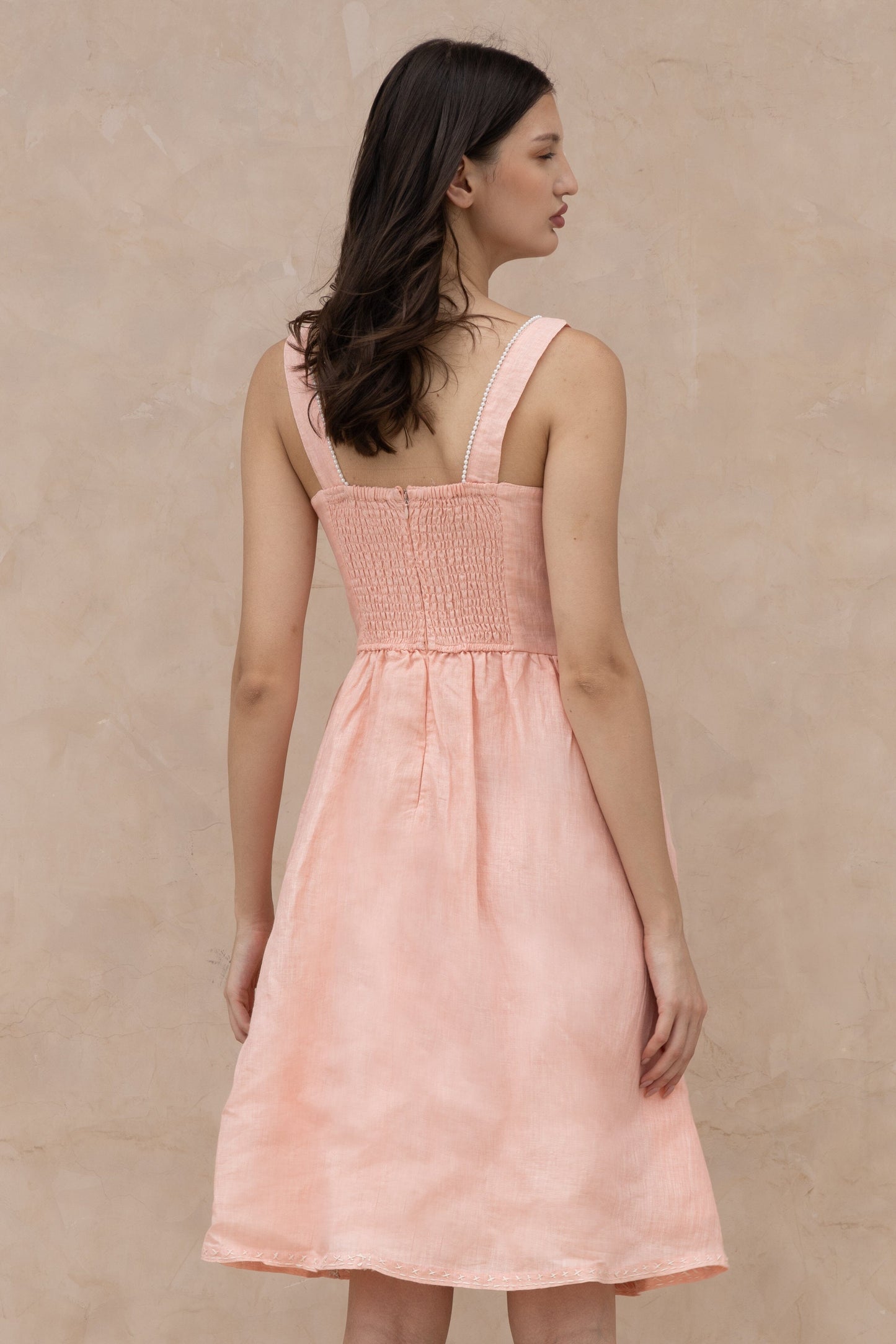 The Kantha Affair Square Neck Linen Pearl Dress| Midi| Peach AFFAIRMUSE