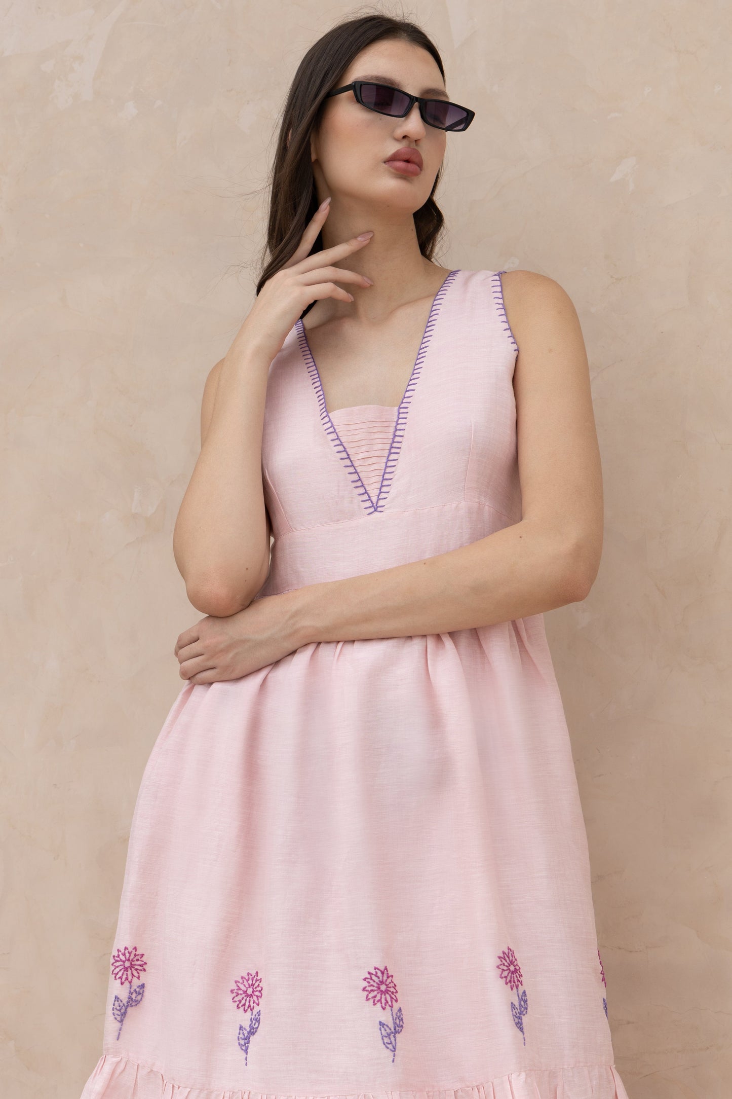 The Kantha Affair Graceful V-neck Linen Silk Dress| Maxi| Pink AFFAIRMUSE