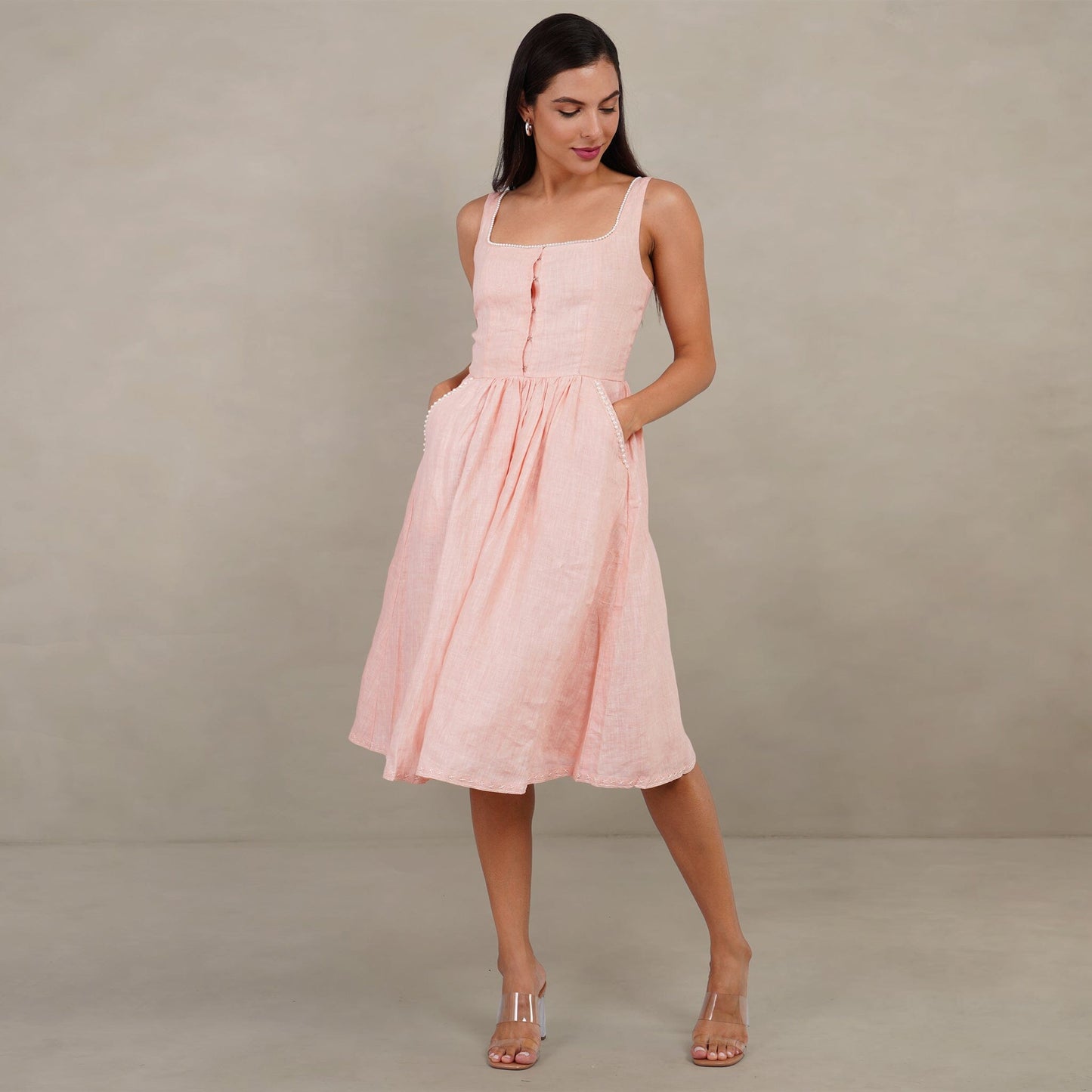 The Kantha Affair Square Neck Linen Pearl Dress| Midi| Peach Dress AFFAIRMUSE