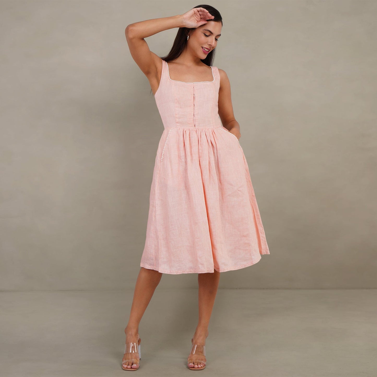 The Kantha Affair Square Neck Linen Pearl Dress| Midi| Peach Dress AFFAIRMUSE