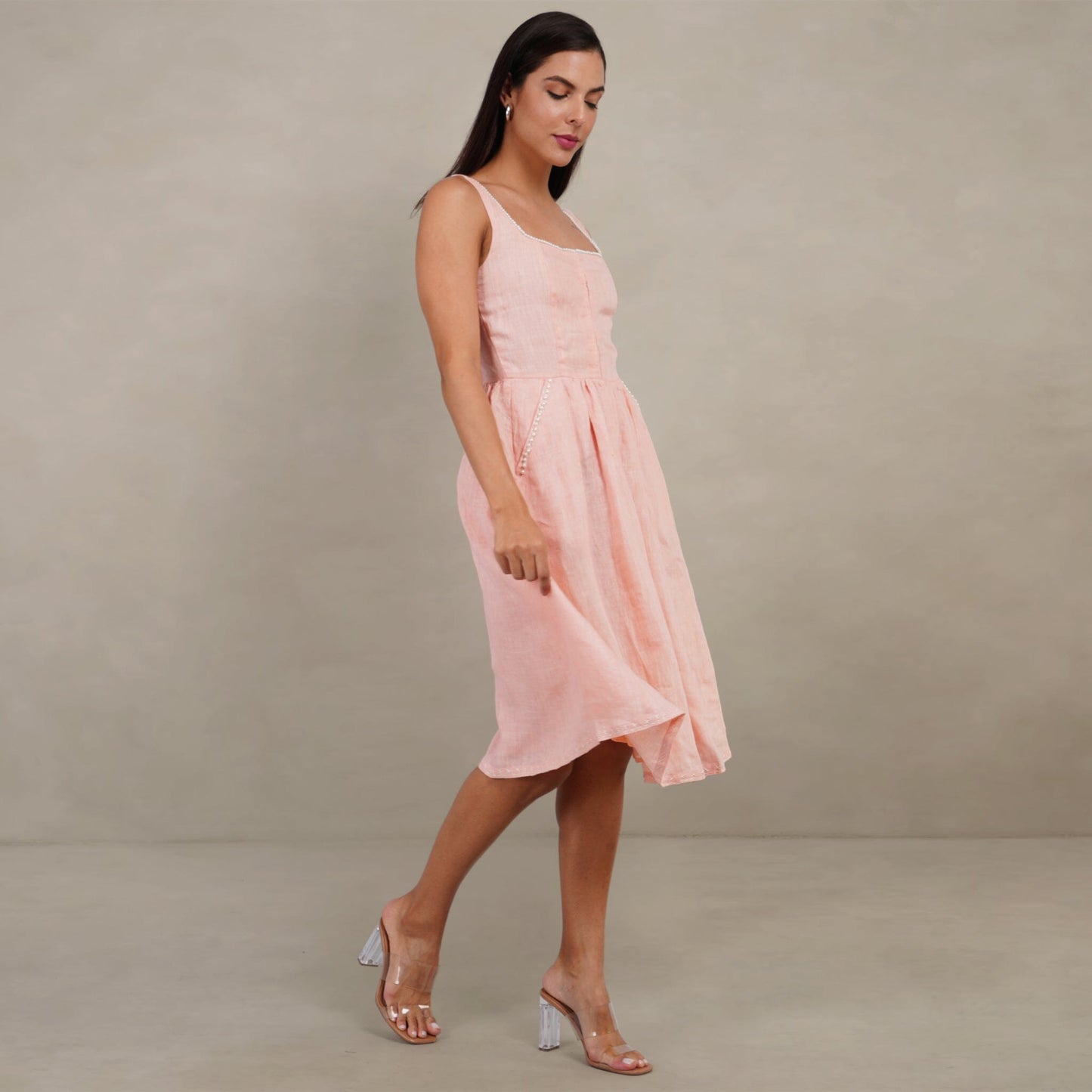 The Kantha Affair Square Neck Linen Pearl Dress| Midi| Peach Dress AFFAIRMUSE