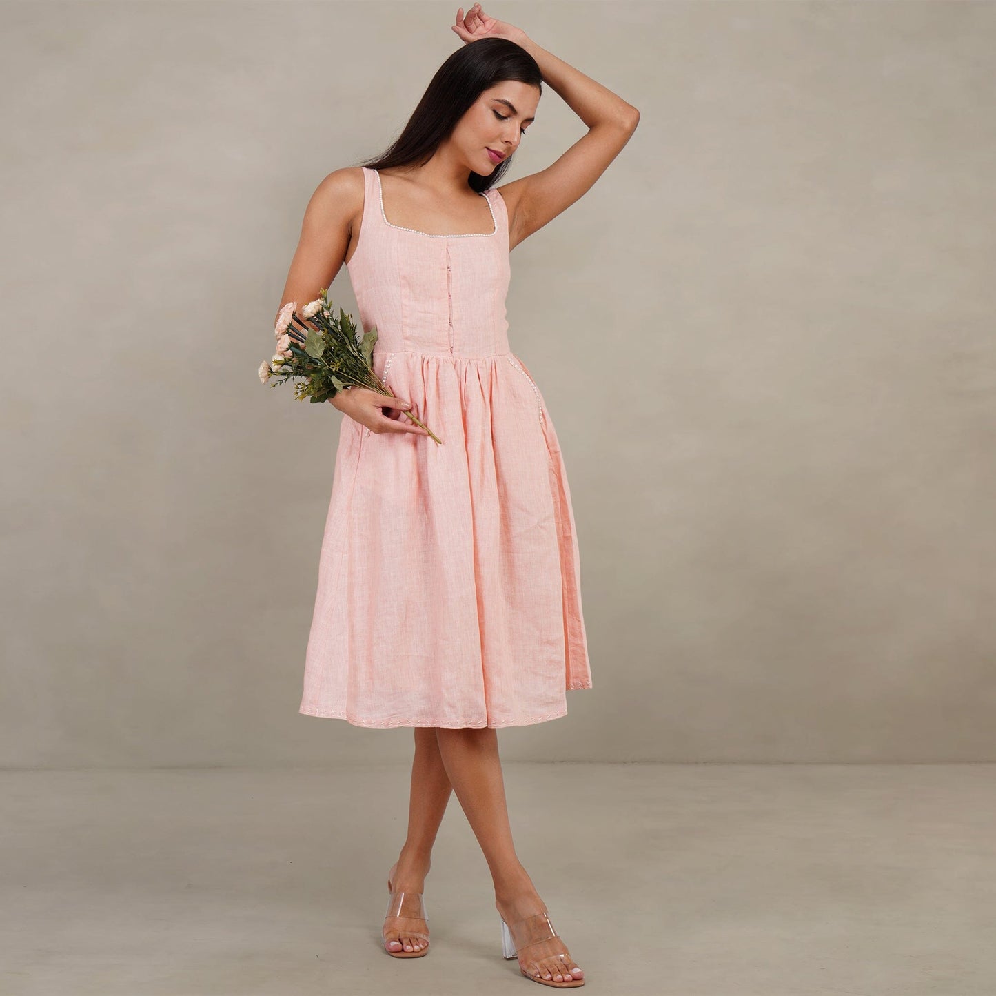 The Kantha Affair Square Neck Linen Pearl Dress| Midi| Peach Dress AFFAIRMUSE