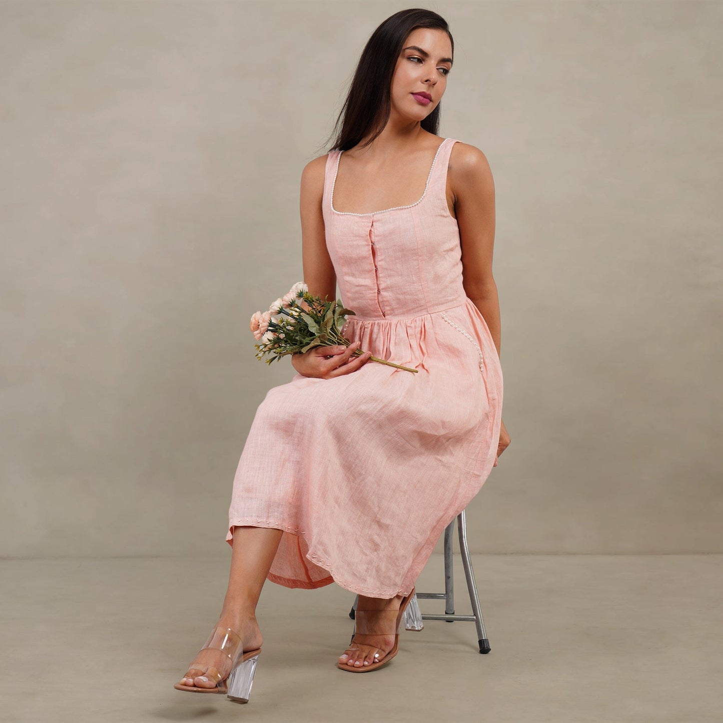 The Kantha Affair Square Neck Linen Pearl Dress| Midi| Peach Dress AFFAIRMUSE