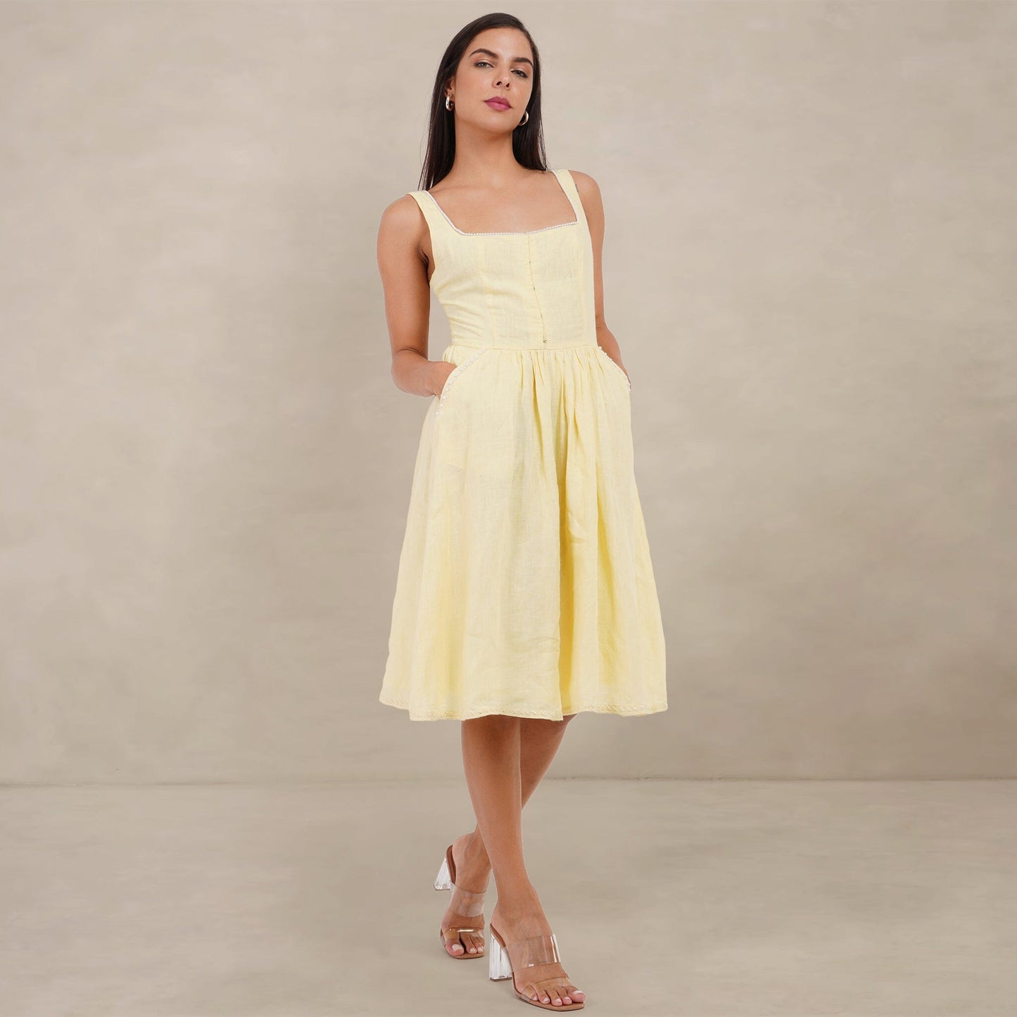 The Kantha Affair Square Neck Linen Pearl Dress| Midi| Butter Yellow Dress AFFAIRMUSE