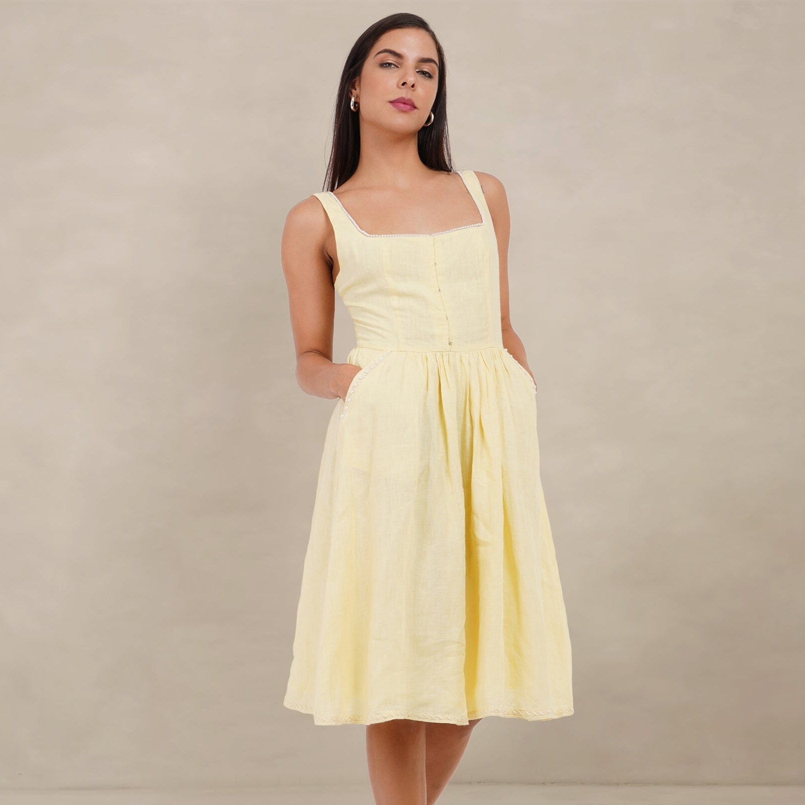 The Kantha Affair Square Neck Linen Pearl Dress| Midi| Butter Yellow – AFFAIRMUSE The Kantha Affair Square Neck Linen Pearl Dress| Midi| Butter Yellow – AFFAIRMUSE