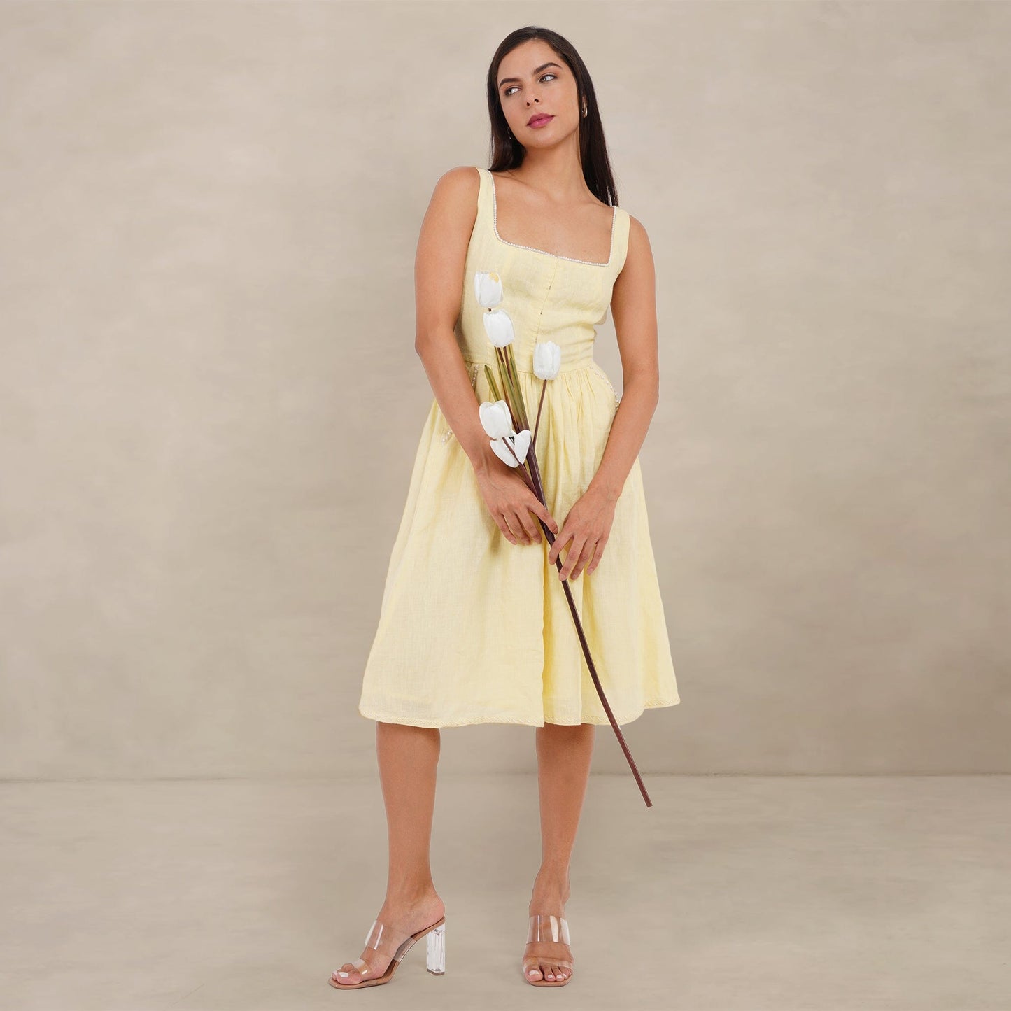 The Kantha Affair Square Neck Linen Pearl Dress| Midi| Butter Yellow Dress AFFAIRMUSE