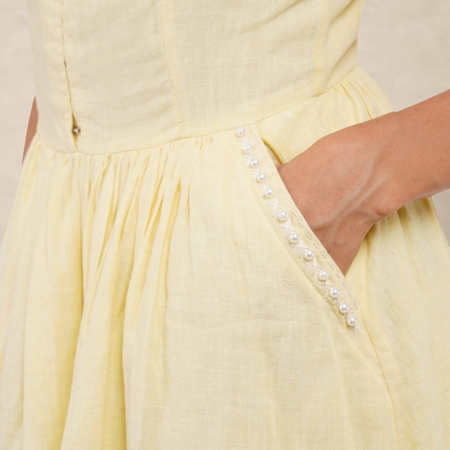 The Kantha Affair Square Neck Linen Pearl Dress| Midi| Butter Yellow Dress AFFAIRMUSE