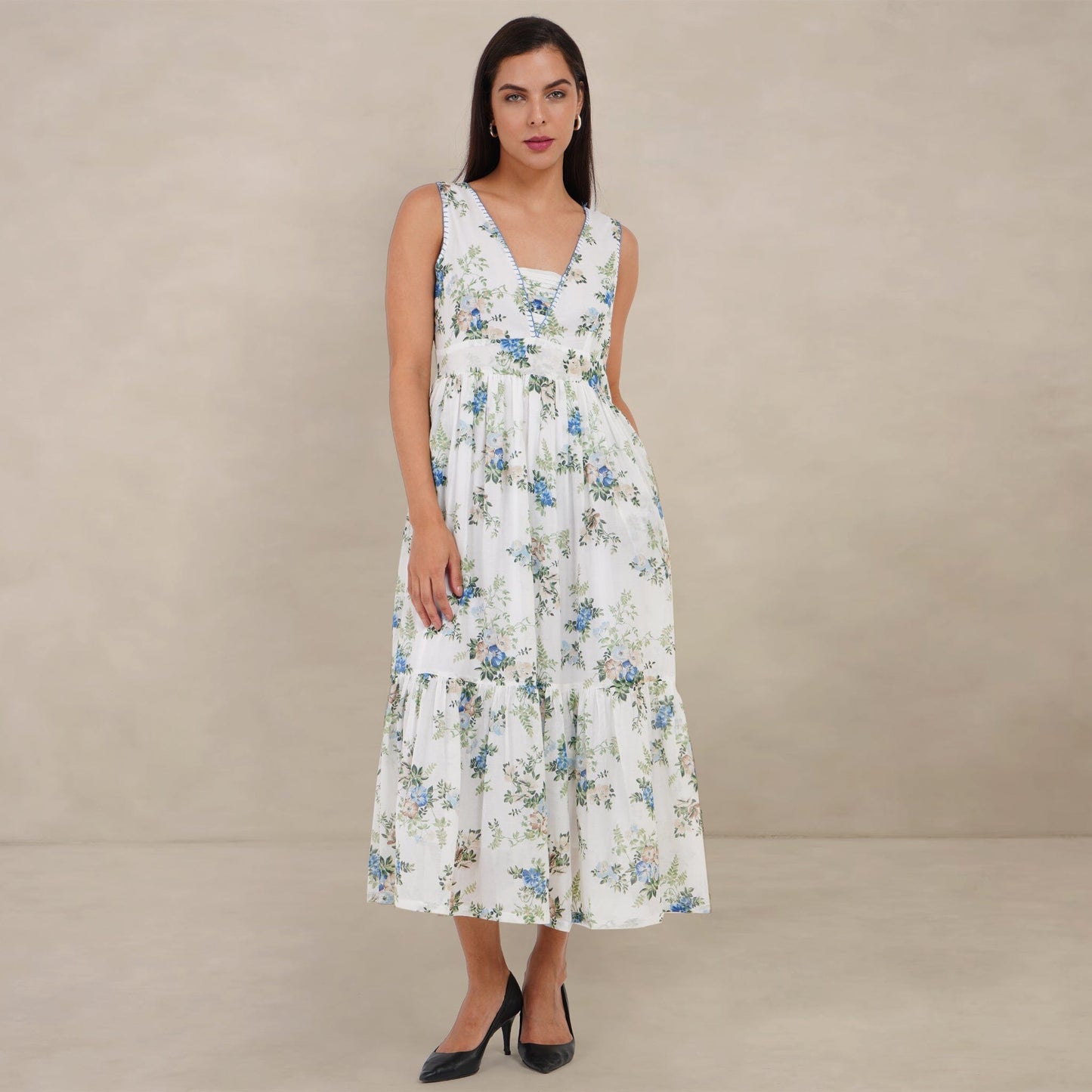 The Kantha Affair Graceful V-neck Mulmul Dress| Maxi |Blue Dress AFFAIRMUSE