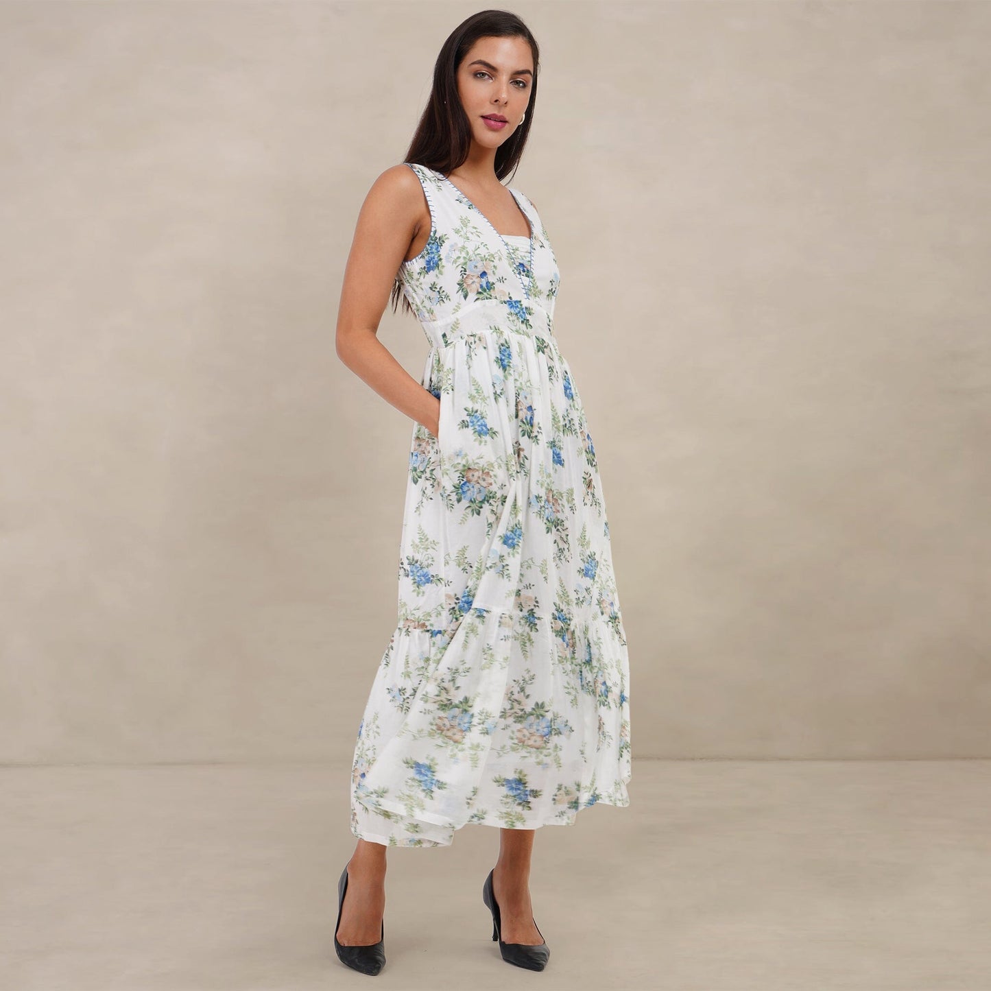 The Kantha Affair Graceful V-neck Mulmul Dress| Maxi |Blue Dress AFFAIRMUSE