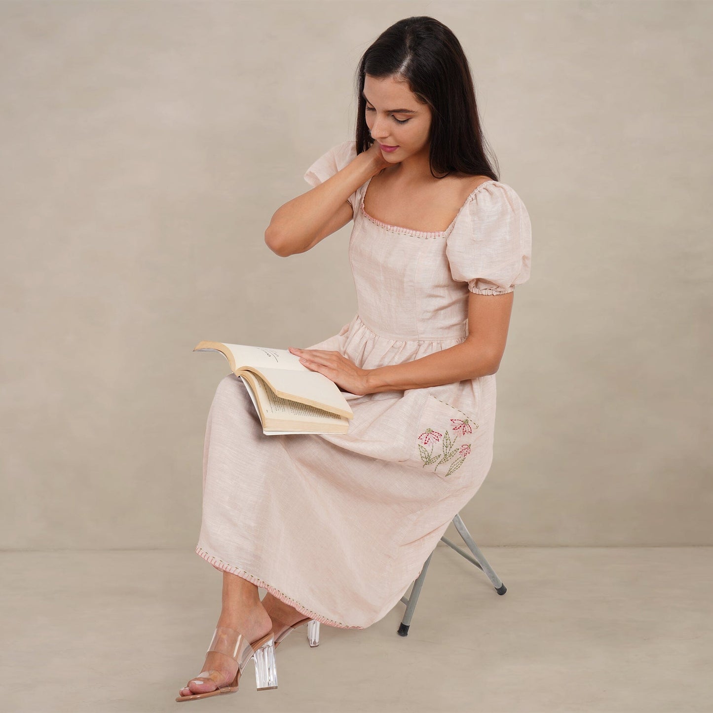 The Kantha Affair Square neck linen-silk| Midi | Sand Beige Dress AFFAIRMUSE
