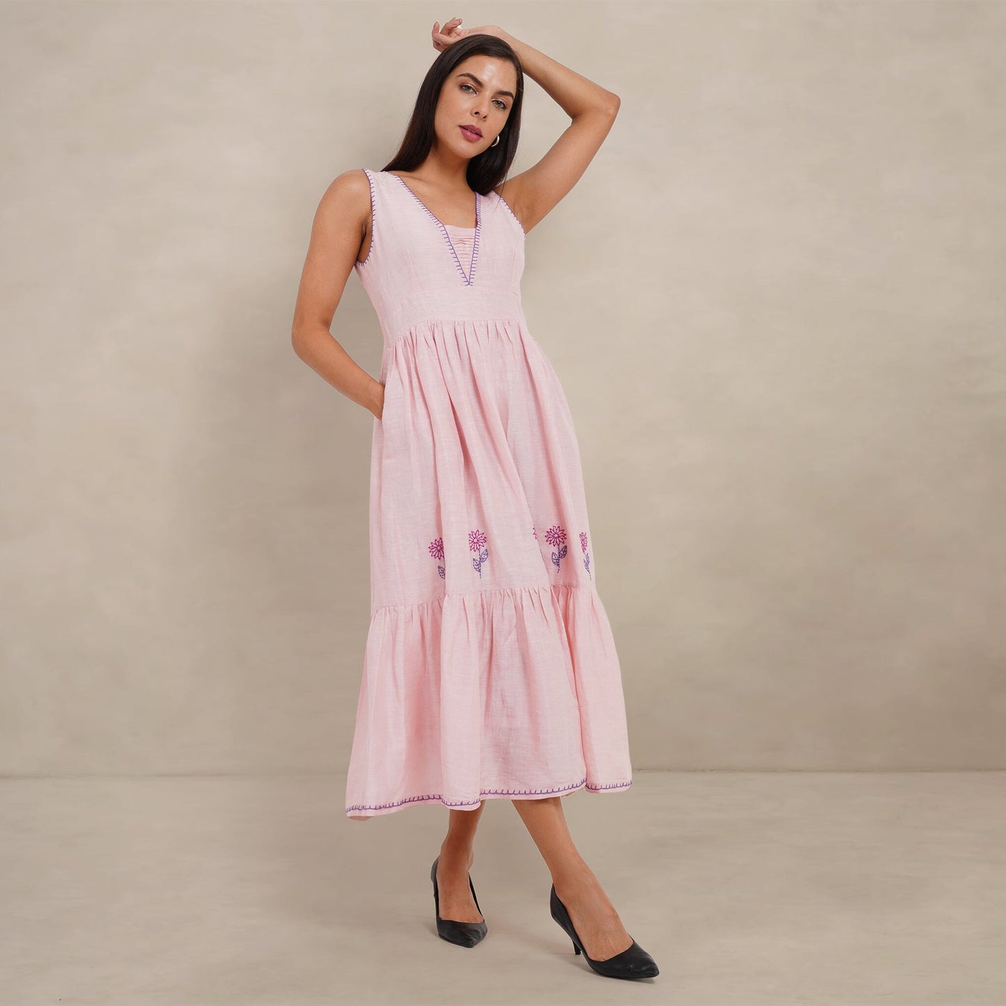 The Kantha Affair Graceful V-neck Linen Silk Dress| Maxi| Pink Dress AFFAIRMUSE