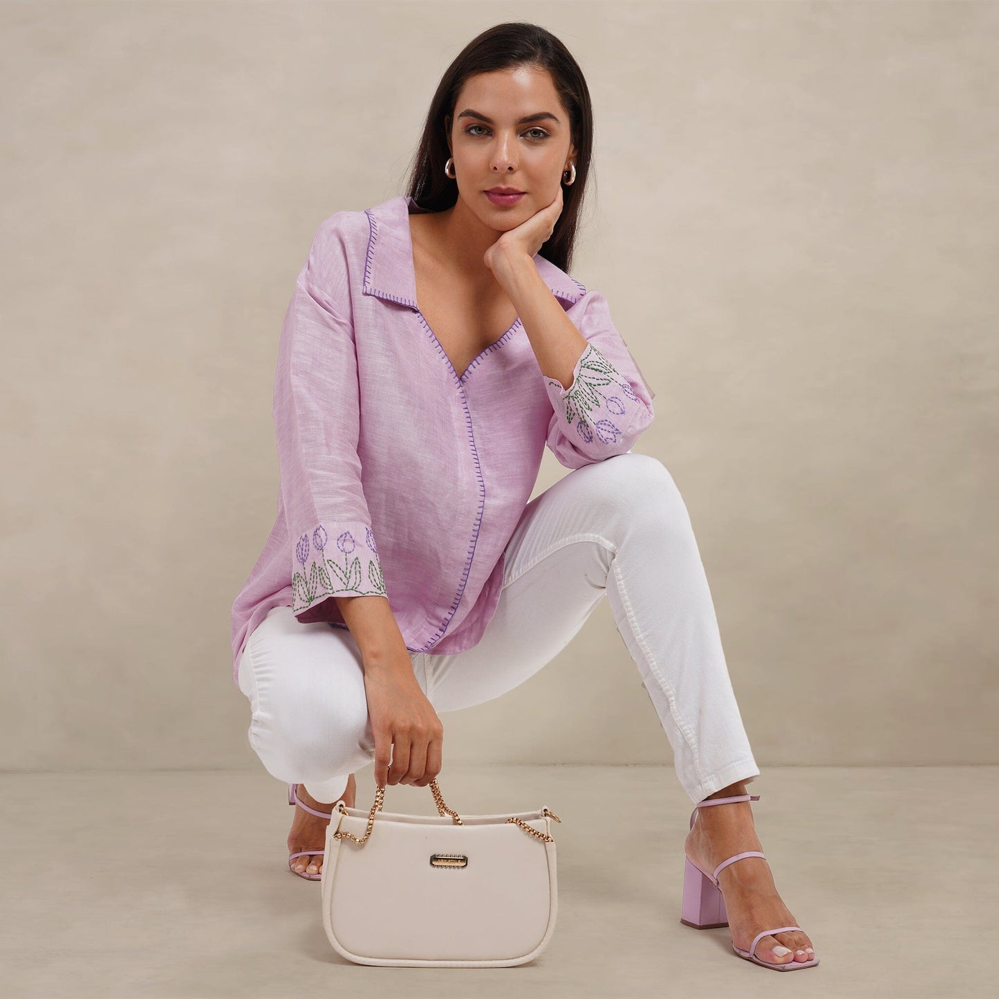 The Kantha Affair round bottom linen silk Shirt| Lilac Shirt AFFAIRMUSE