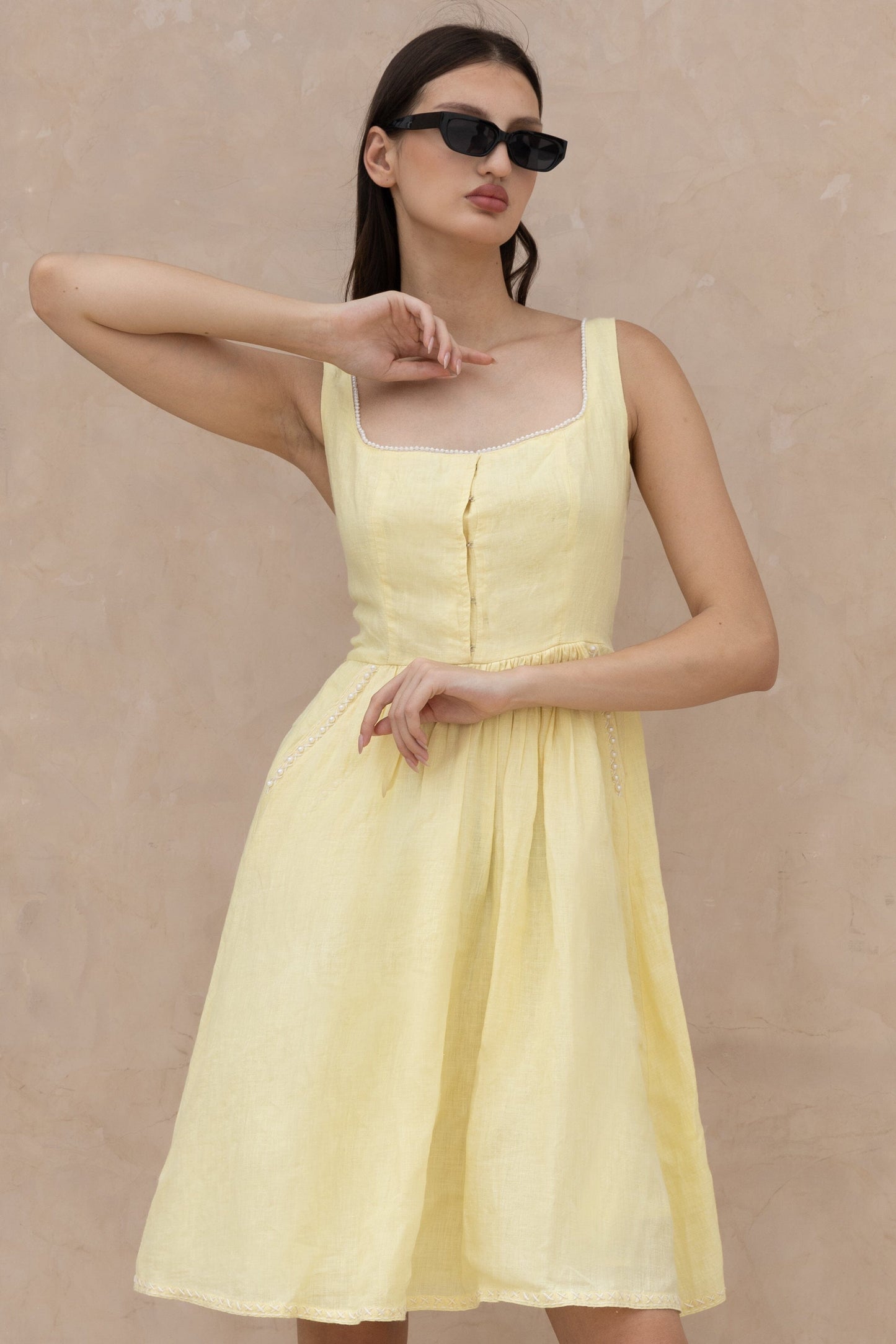 The Kantha Affair Square Neck Linen Pearl Dress| Midi| Butter Yellow AFFAIRMUSE