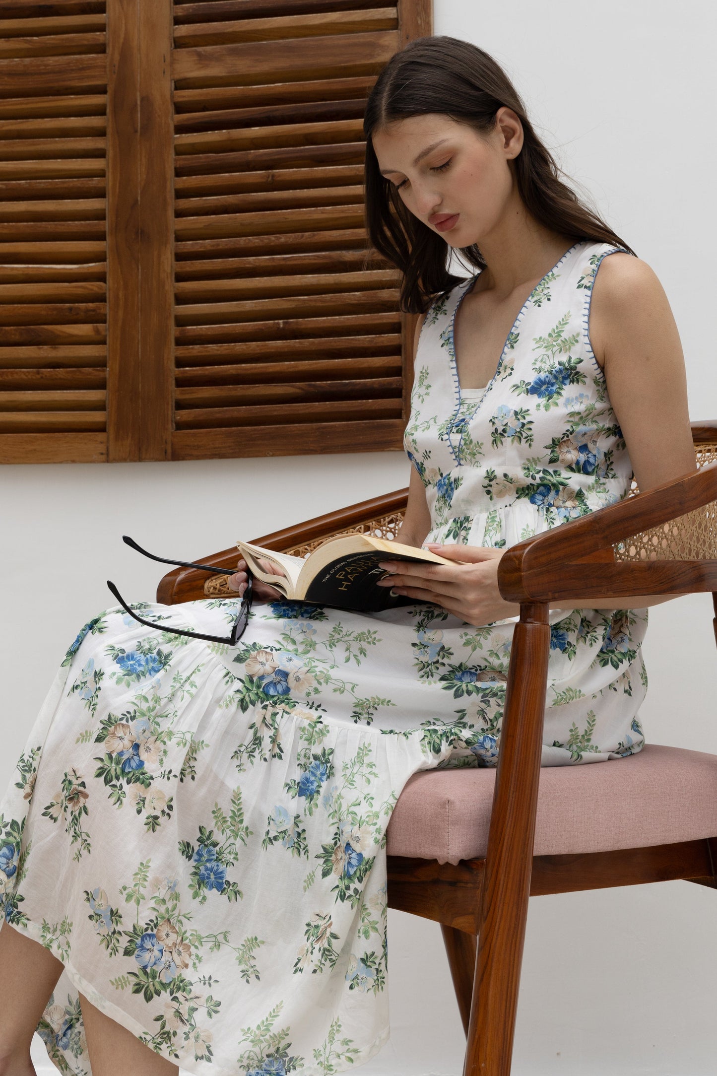 The Kantha Affair Graceful V-neck Mulmul Dress| Maxi |Blue Dress AFFAIRMUSE