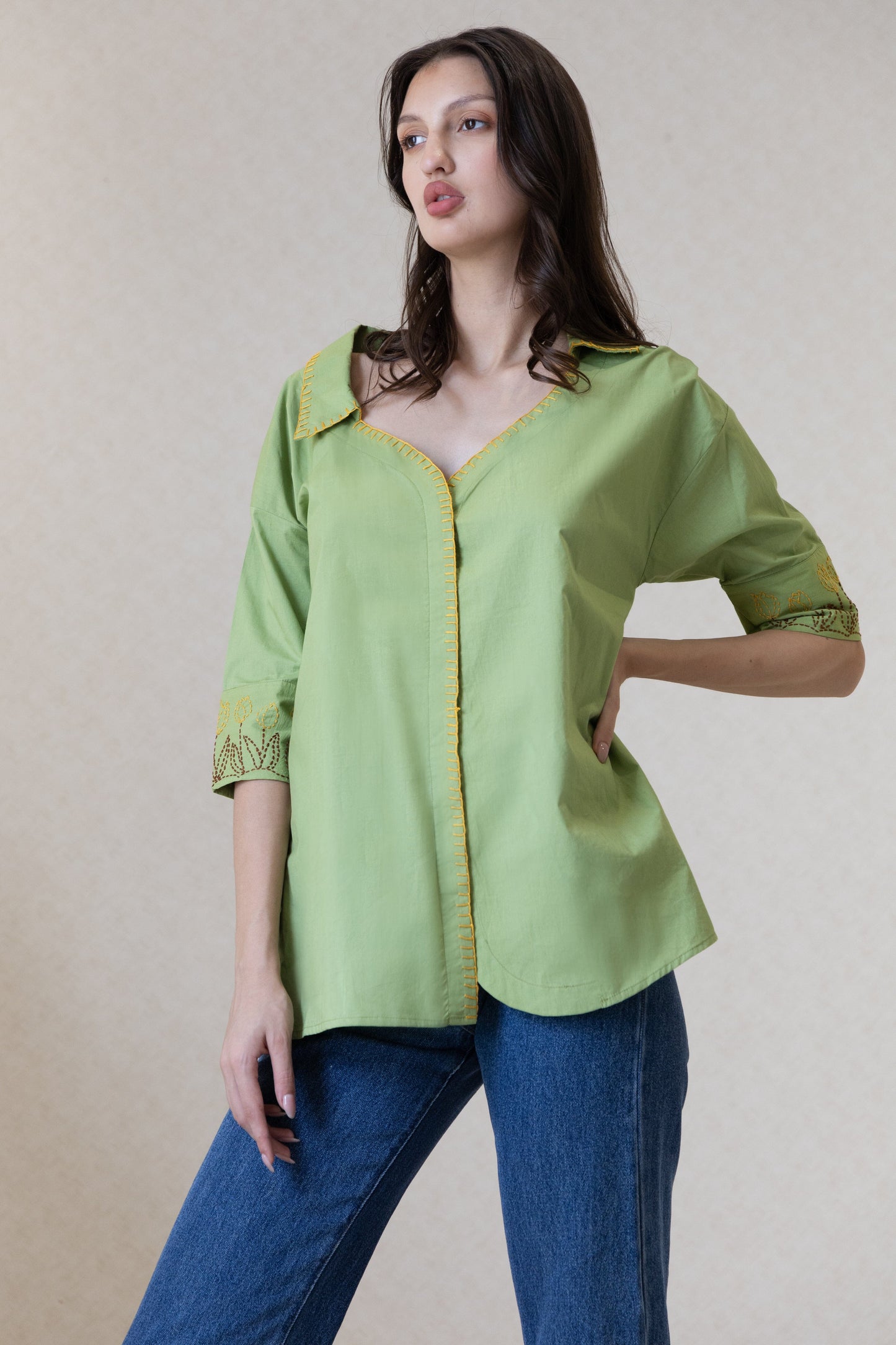 The Kantha Affair round bottom Shirt| Green Shirt AFFAIRMUSE