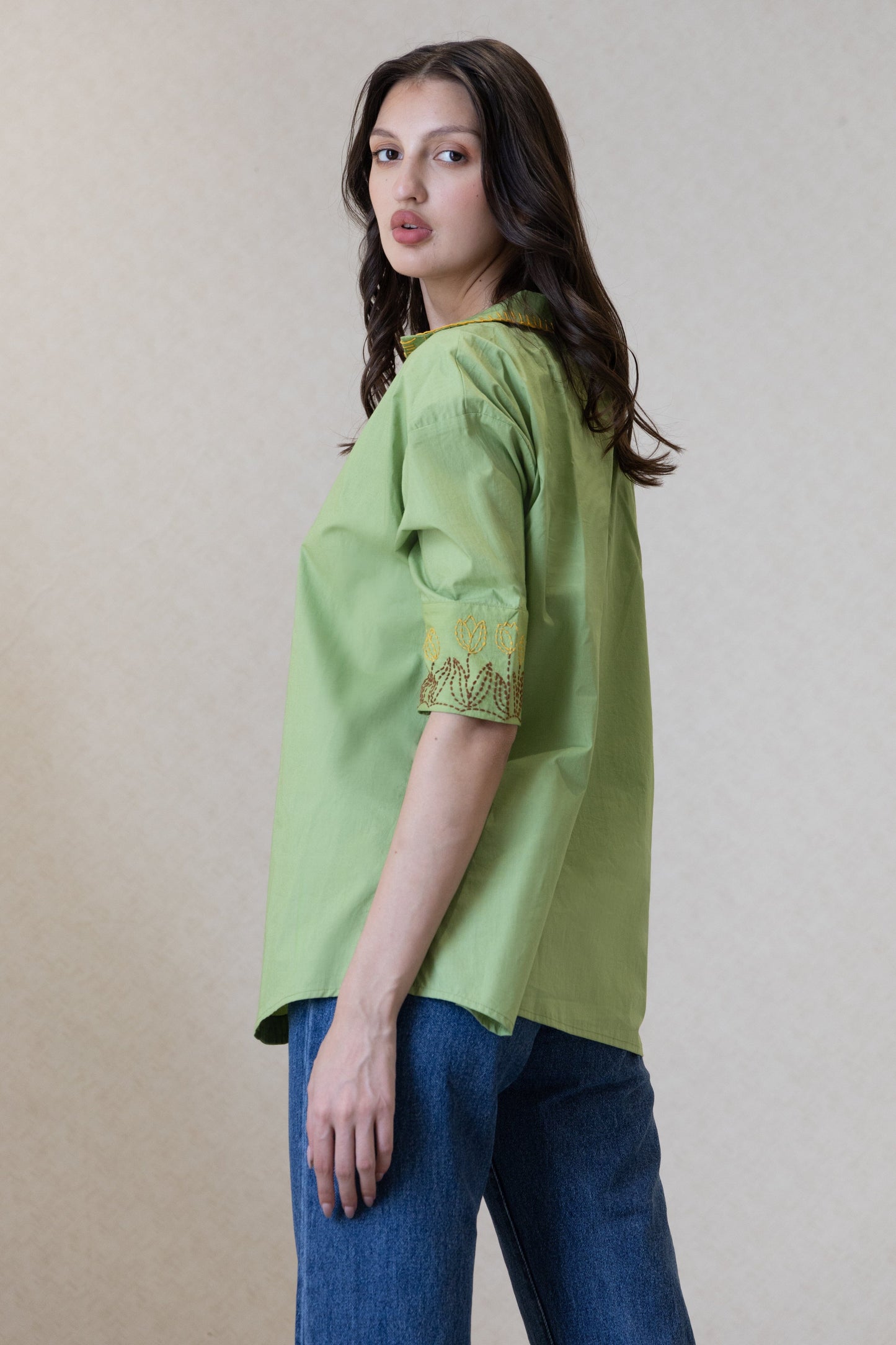 The Kantha Affair round bottom Shirt| Green Shirt AFFAIRMUSE