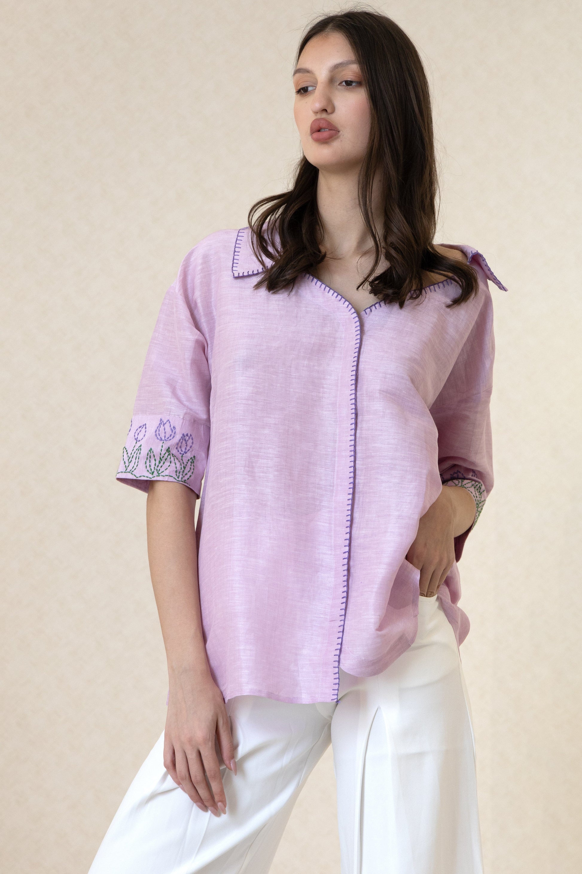 The Kantha Affair round bottom linen silk Shirt| Lilac Shirt AFFAIRMUSE 