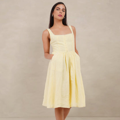 The Kantha Affair Square Neck Linen Pearl Dress| Midi| Butter Yellow Dress AFFAIRMUSE 