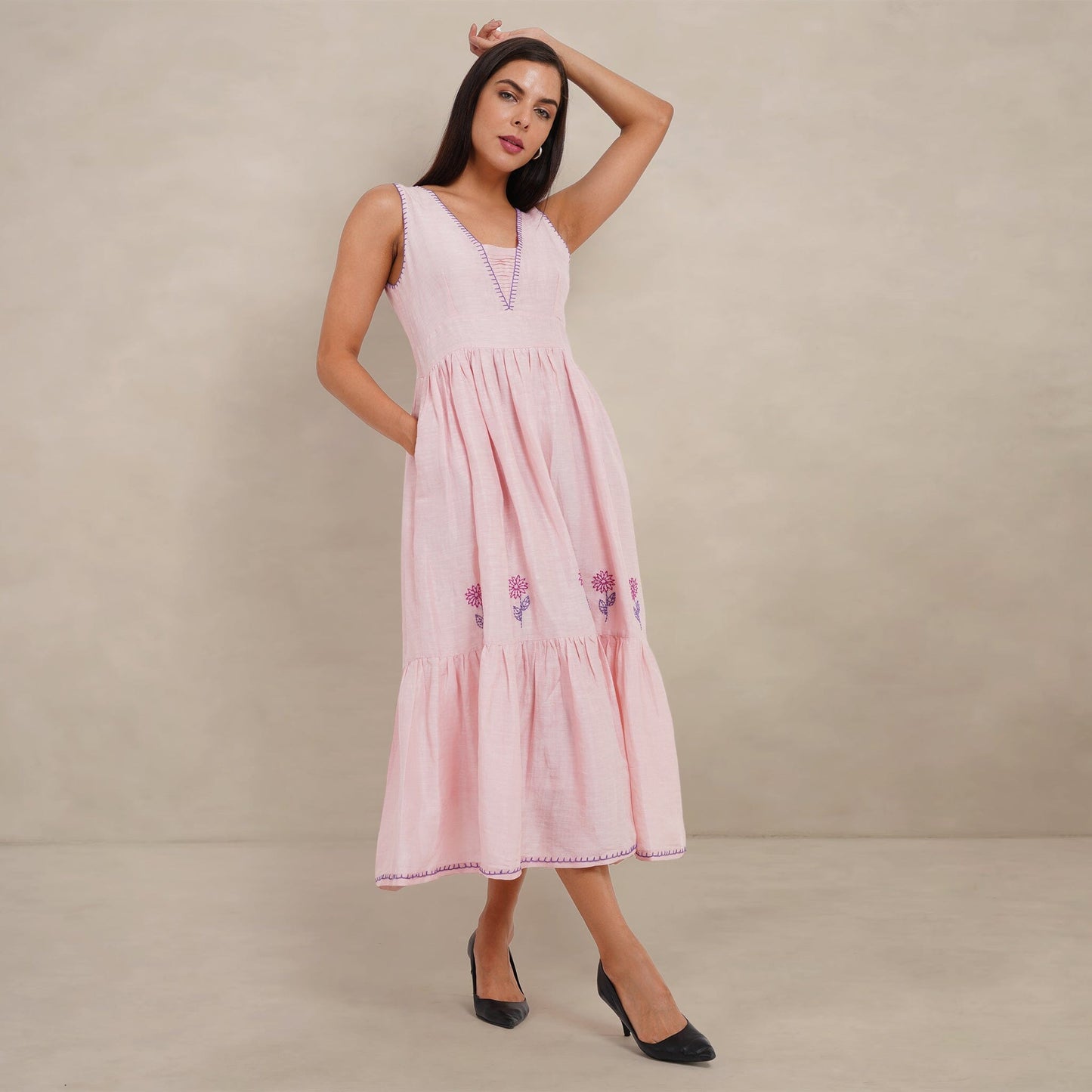 The Kantha Affair Graceful V-neck Linen Silk Dress| Maxi| Pink Dress AFFAIRMUSE 