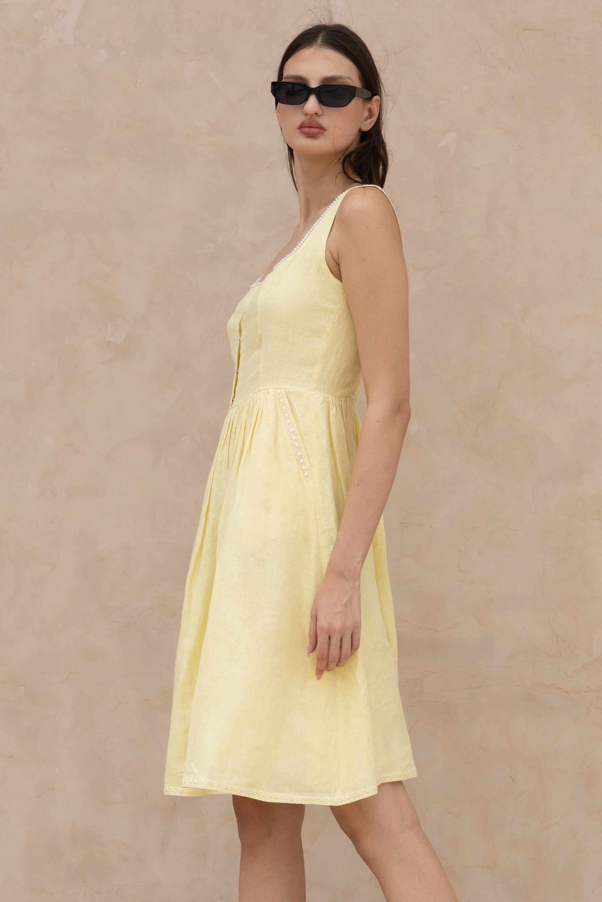 The Kantha Affair Square Neck Linen Pearl Dress| Midi| Butter Yellow AFFAIRMUSE The Kantha Affair Square Neck Linen Pearl Dress| Midi| Butter Yellow AFFAIRMUSE