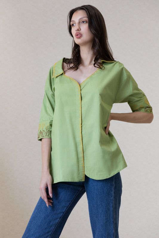 The Kantha Affair round bottom Shirt| Green Shirt AFFAIRMUSE 