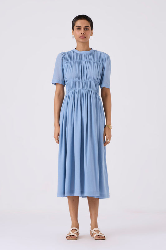Mo Blue Cotton Ruched Dress Dress The Summer House 